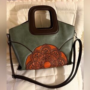 Women's Green and Orange Mandala Leather Tote